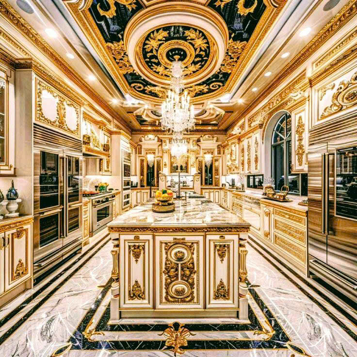 Tủ Bếp Tân Cổ Điển Hoàng Gia Trắng Vàng Huyền Bí TBTCDBYD022